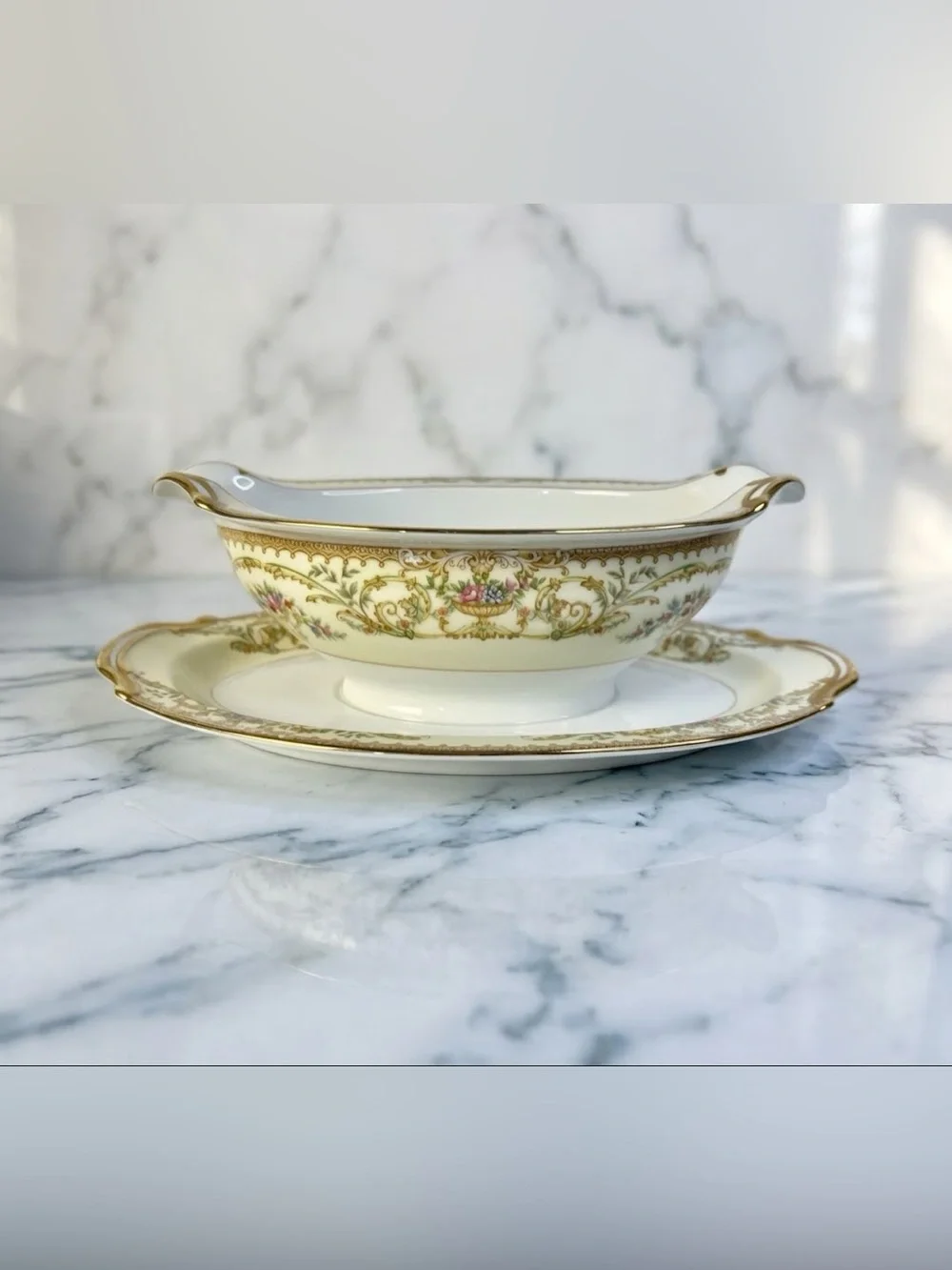 Noritake Nanette 683 Porcelain Floral Gold Gravy Boat & Underplate Set-AS IS